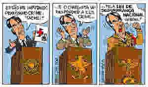 Charge de Carlos Latuff em crítica as posturas do governo Bolsonaro diante da liberdade de crítica de Aroeira e dos chargistas. / Carlos Latuff