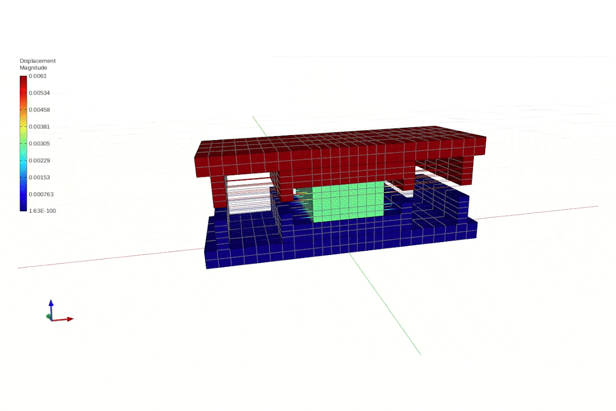 Base-isolated structure with bearings and dampers, visualizing decoupled motion and response contours.