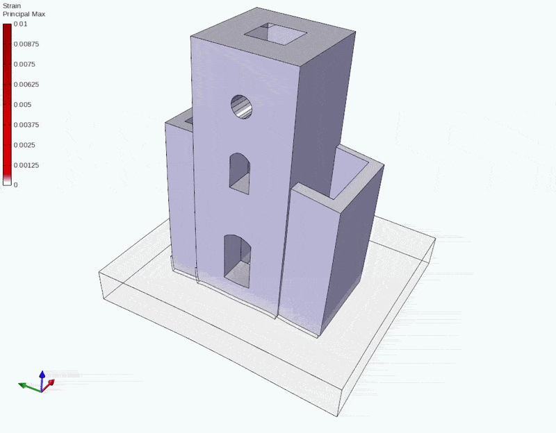 Seismic analysis video: 3D building in STKO showing time-history response with nonlinear cracking and principal strain contours for structural & geotechnical earthquake engineering.