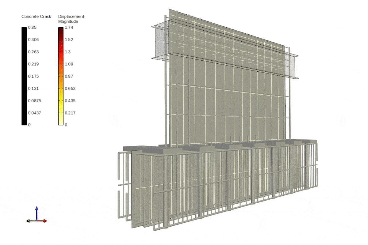 Reinforced concrete shear wall model with layered shells, fiber sections, and rebar layout, with damage/strain scale.