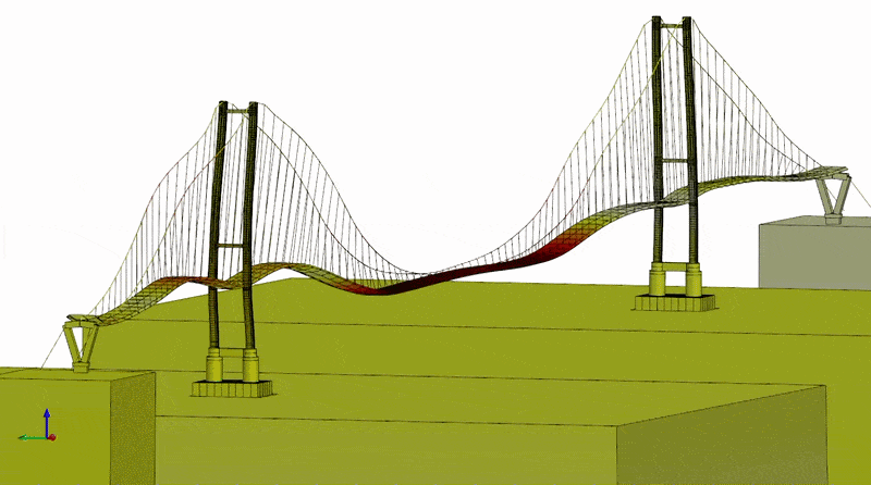 STKO Structures & Infrastructure demo: cable-stayed bridge model with animated deck deflection and color stress map, showing large-scale analysis of complex geometry.