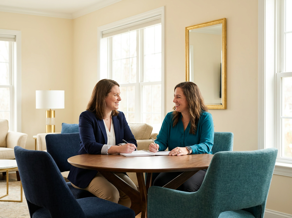 A caregiver and resident sharing a calm moment in a home-like setting