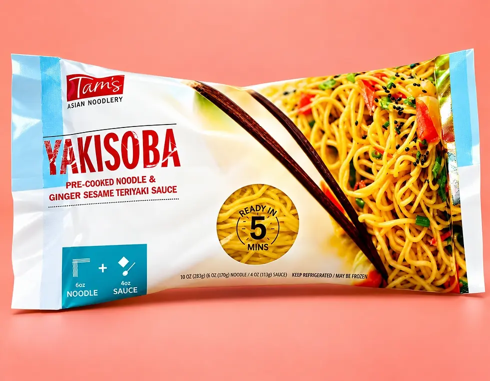 Studio product photography of a Yakisoba noodle meal kit package. The packaging features a vibrant bowl of finished noodles and highlights the quick preparation time on a salmon-colored background.