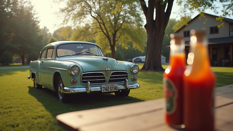 Eye-level view of a classic car parked near a picnic table with hot sauce bottles