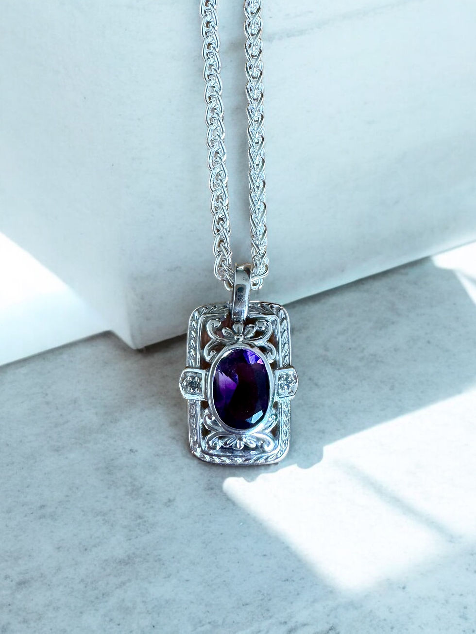 Thumbnail: 9ct White Gold Amethyst And Diamond Pendant