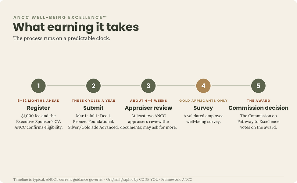 ANCC Well-Being Excellence application timeline: register, submit, appraiser review, Gold survey, and credential decision