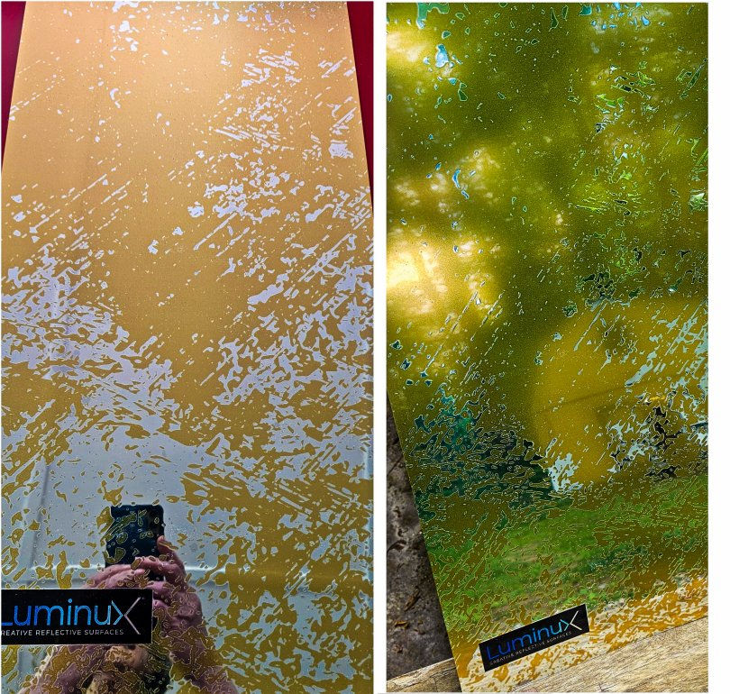 Close-up of Luminux Gold leaf antique mirror at students' housing in Austin, TX