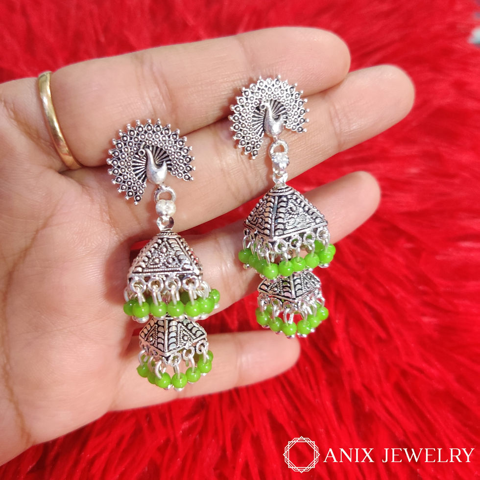 Thumbnail: Silver Oxidized peacock shaped earrings with pink,green and yellow drops