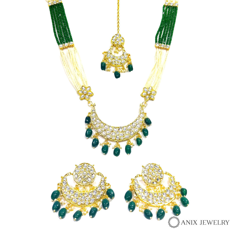 Thumbnail: Faux beads and Kundan Gems Necklace Set,Red,Set of 3