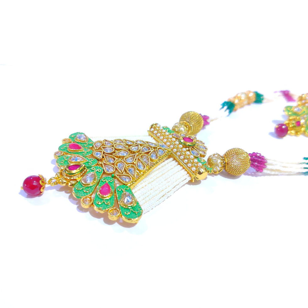 Thumbnail: Gems and beads embellished Ethnic style necklace set,White