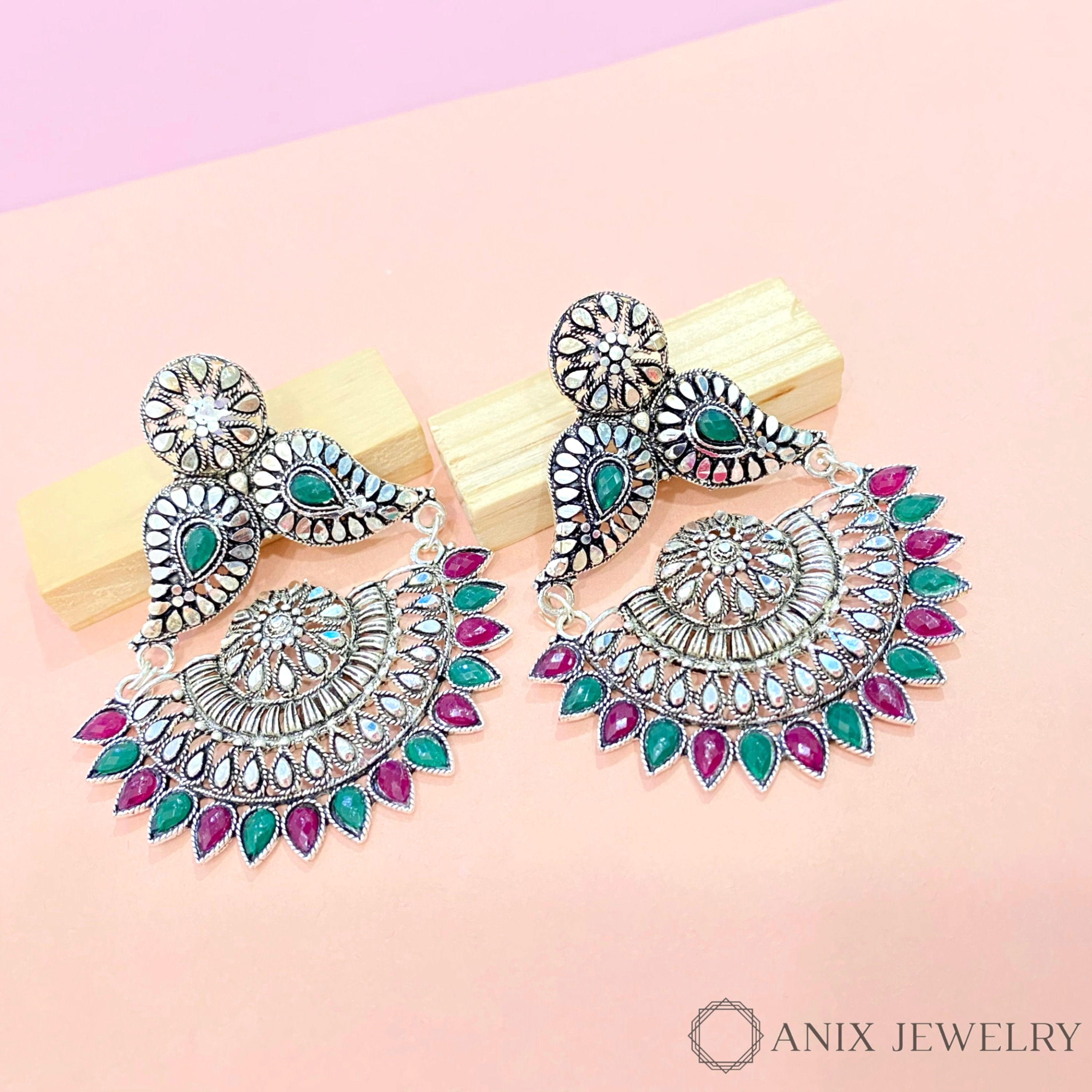 Elegant pink & green silver oxidized earrings