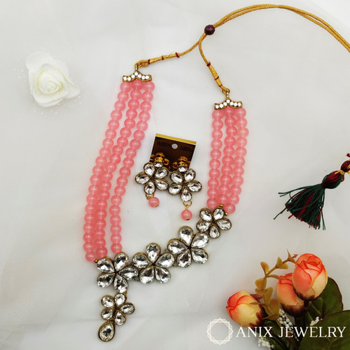 Simple Kundan Jewellery In Pink Colour Kundan Necklace Set With