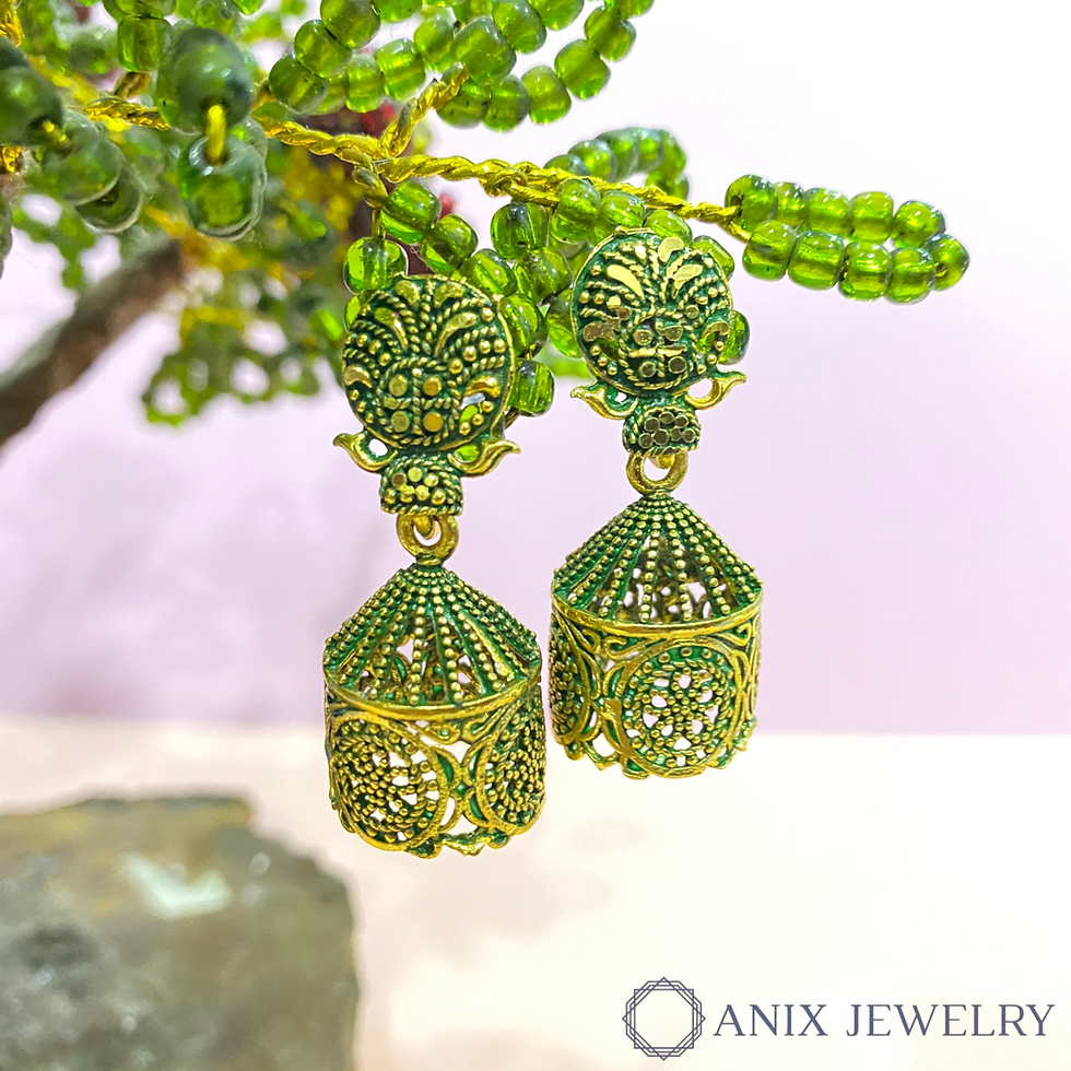 Thumbnail: Pavilion golden oxidized small earrings (red/pink/green/golden)