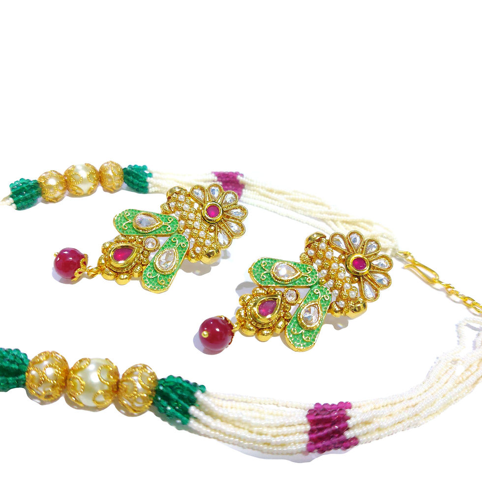 Thumbnail: Gems and beads embellished Ethnic style necklace set,White