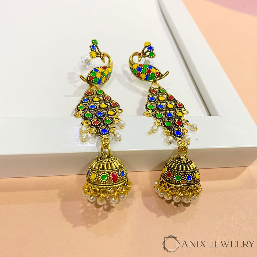 Thumbnail: Saavan Peacock stud long colorful jhumki earring