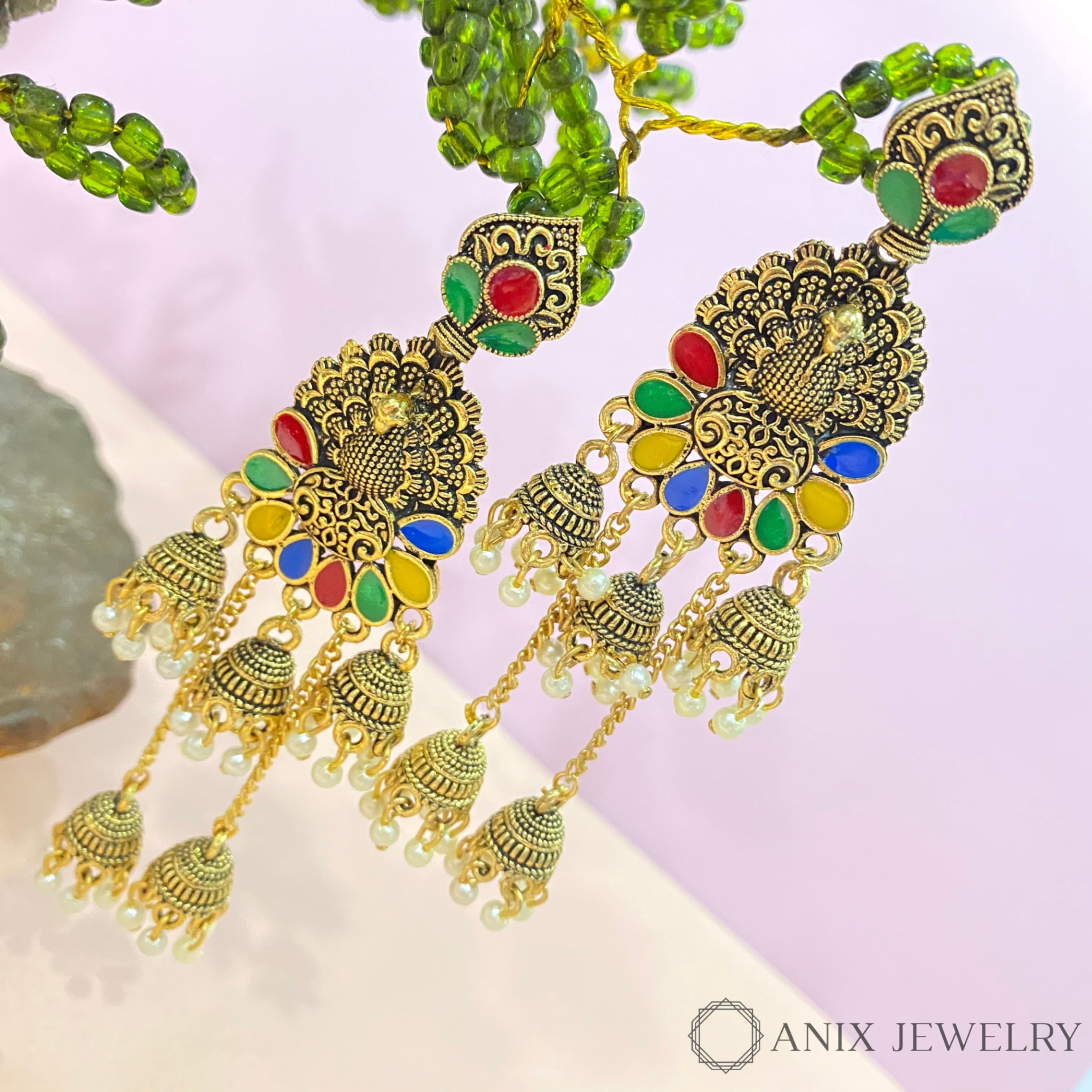 Saavan Peacock stud long colorful earring