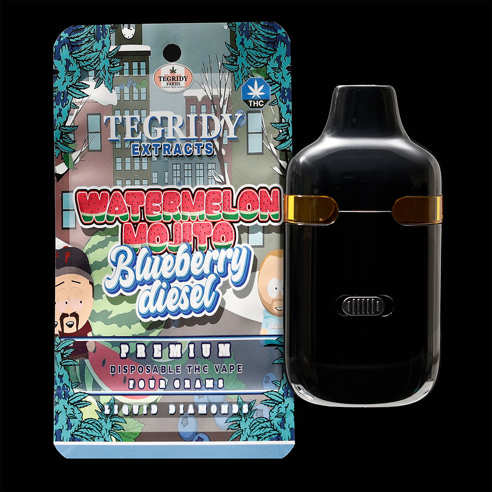 Tegridy Extracts Watermelon Mojito Blueberry Diesel four-gram Liquid Diamonds disposable THC vape in black hardware, displayed beside colourful branded packaging on a black background.