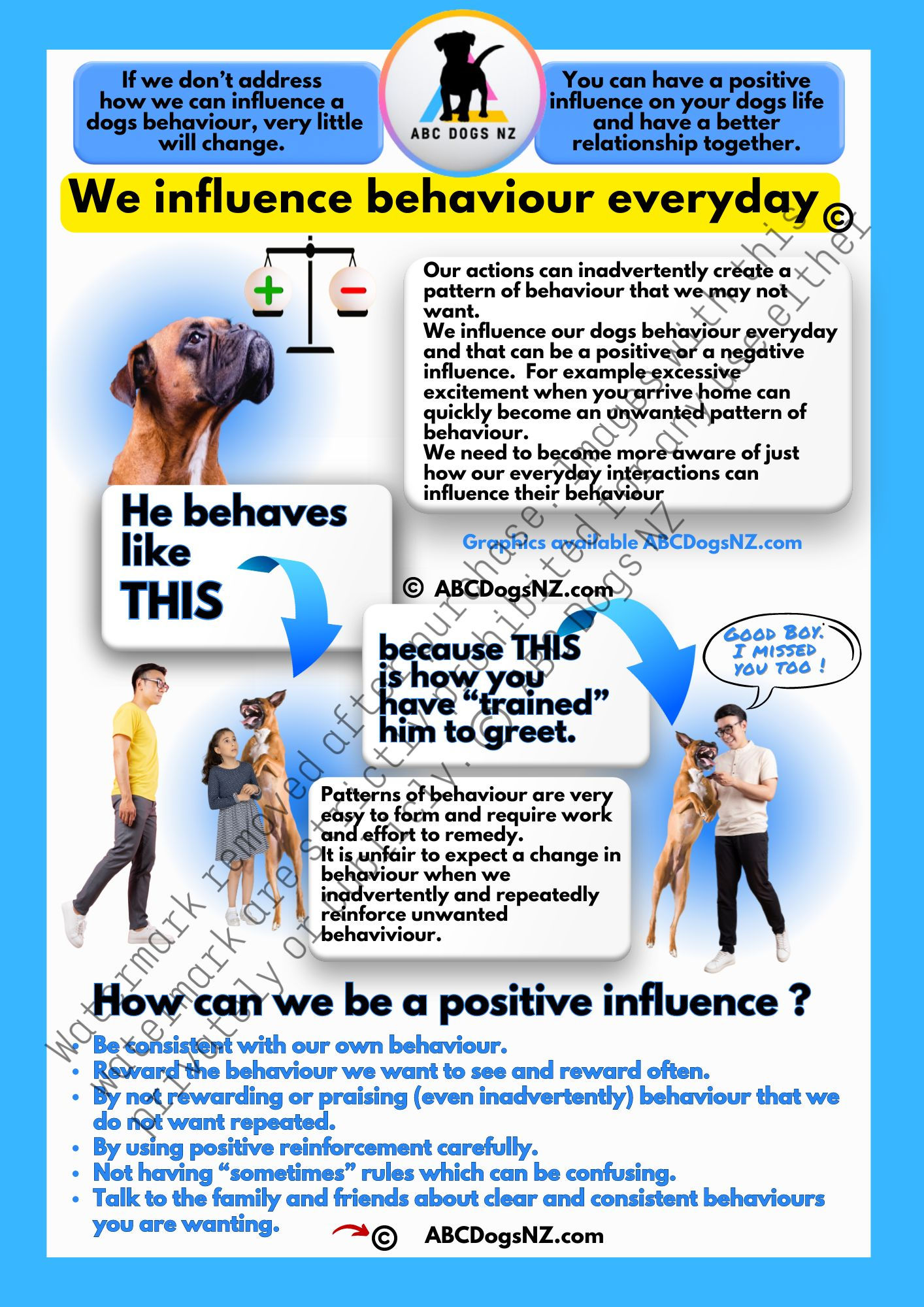 ABC Dogs NZ. Dog training handout about how we influence a dogs behaviour