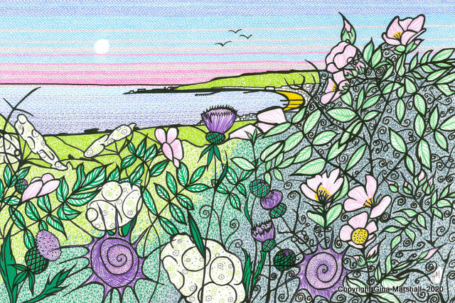 Hedgerow over Swanage Bay - PRINT- GINA MARSHALL
