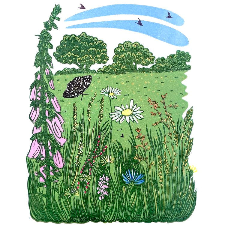 Kingcombe meadows, Linocut print - PRINT - REBECCA DRURY