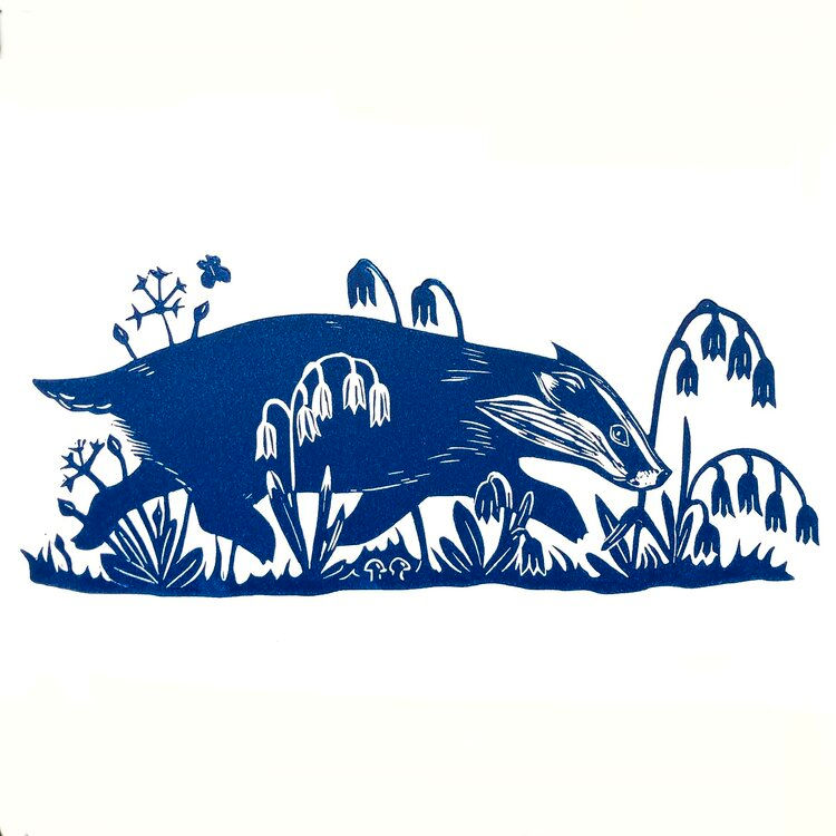 Badger in the Bluebells, Lino print - PRINT - REBECCA DRURY