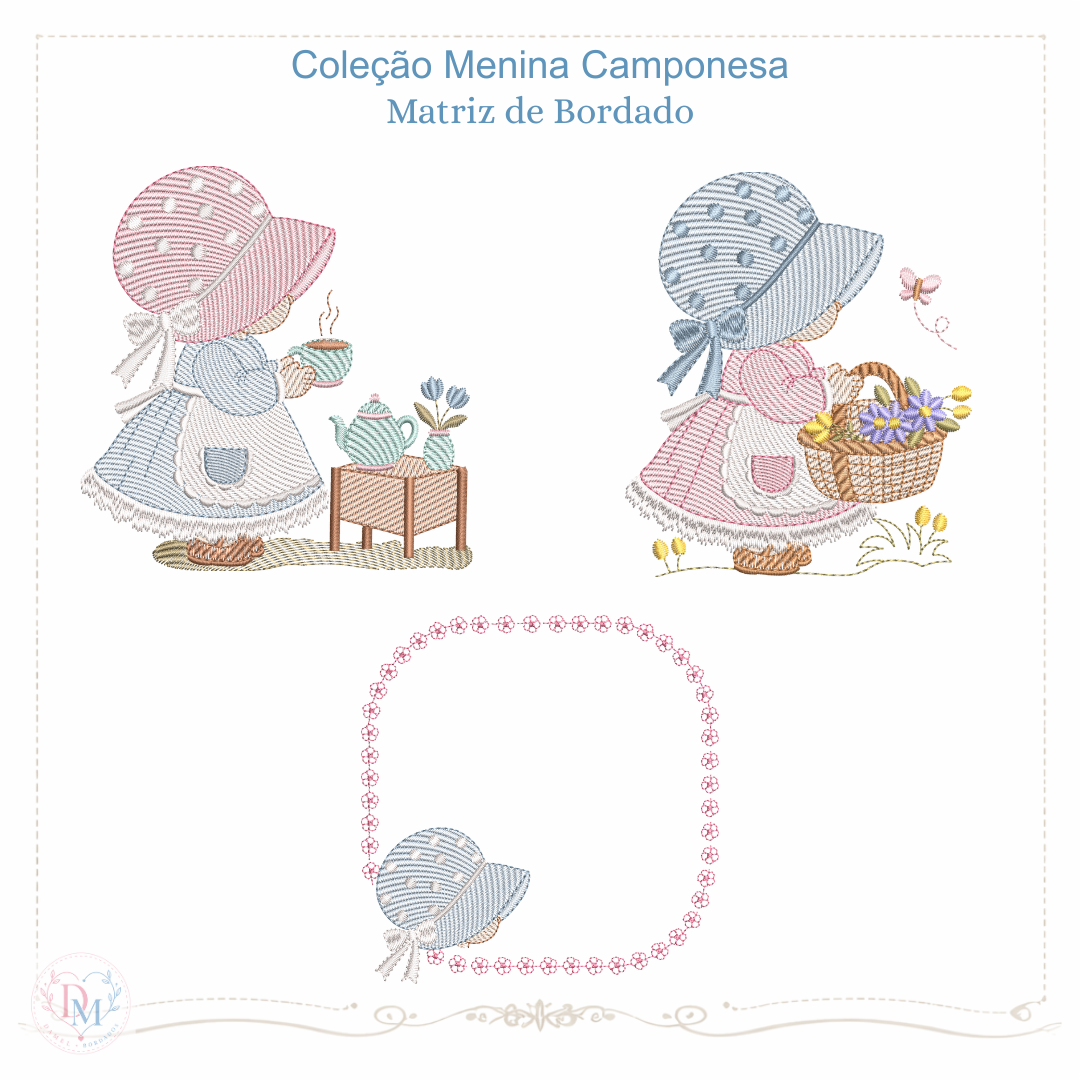 matrizes de bordado menina camponesa de chapéu grande com flores ou com chá cores suaves e pontos leves contem moldura tambem