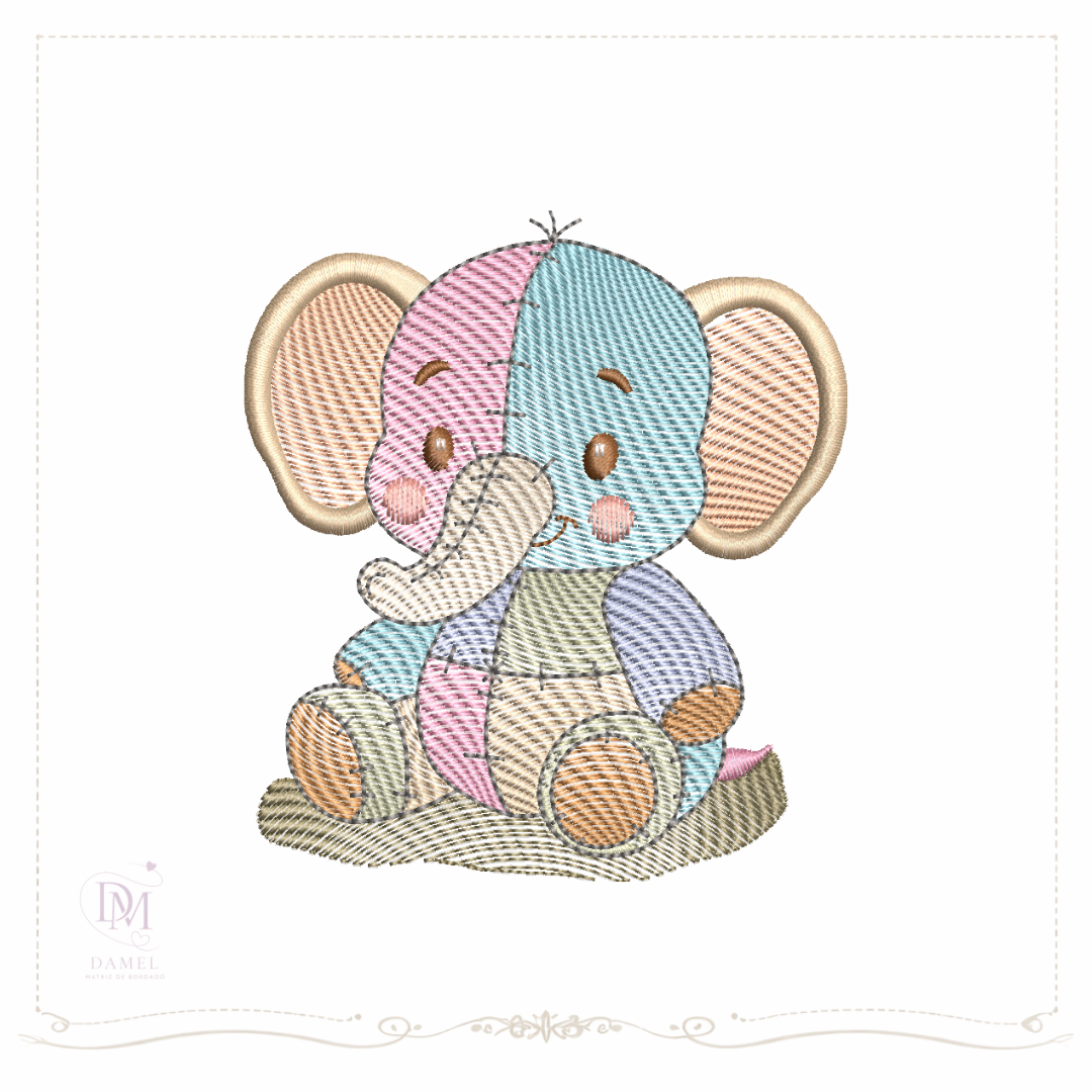 matriz de bordado elfante em patchwork colorido em pontos leves para bordar em fraldinha infantil