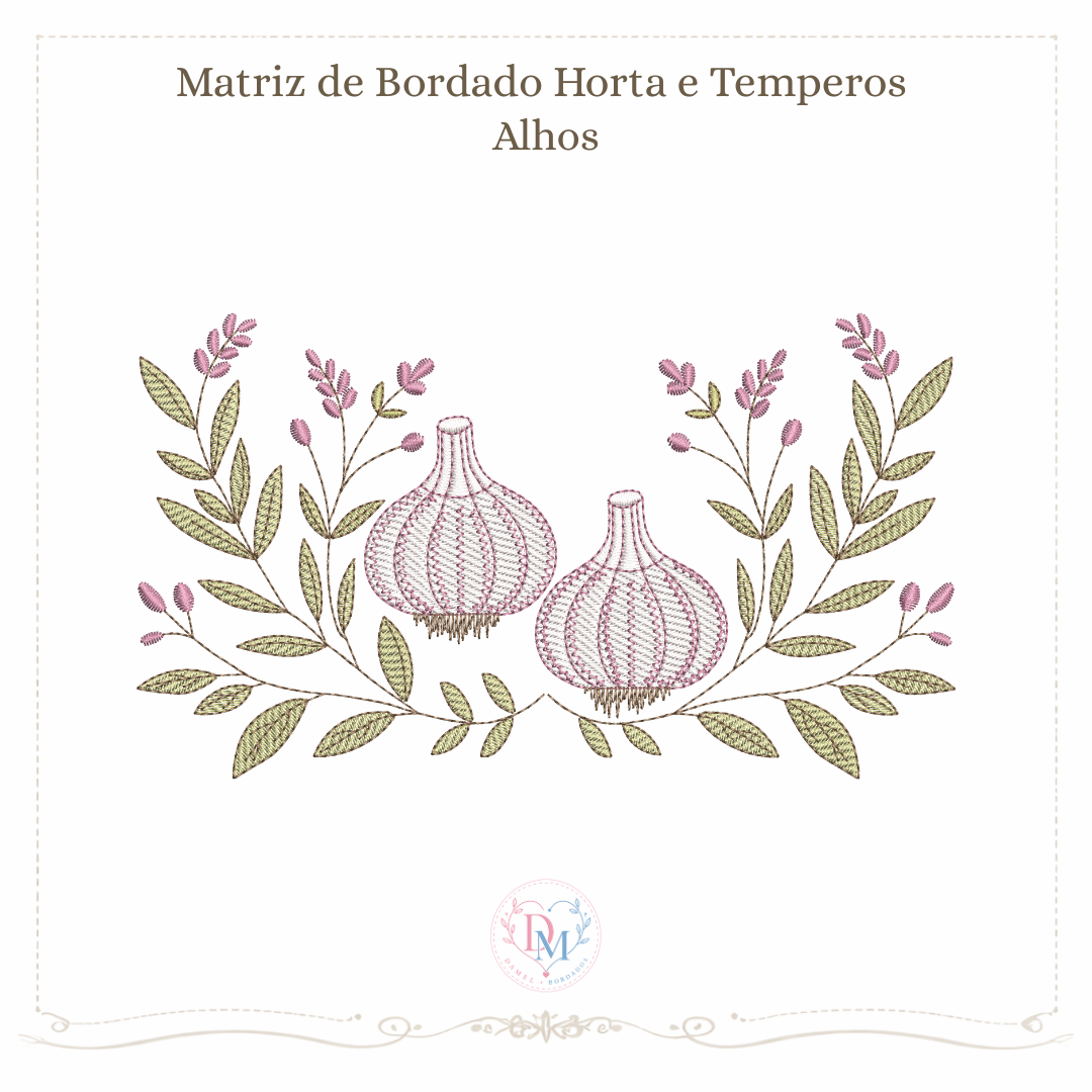 matriz de bordado com imagens de legumes sobre um arco de folhas de temperos ideal para panos de pratos