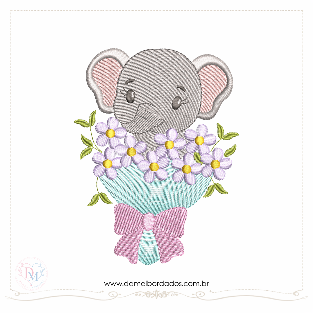 matriz de bordado safári bouquet com uma elefantinha dentro do bouquet com flores em tons suaves em pontos leves