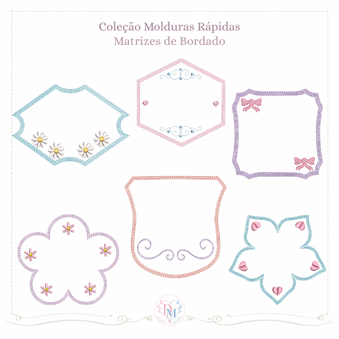 coleção de matriz de bordado em pontos corridos e pequenos detalhes de flores, corações e arabesco total de seis modelos