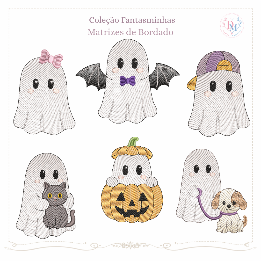 es de bordado de fantasminhas fantasiados vampiro menina menino com gato e cachorro pontos leves
