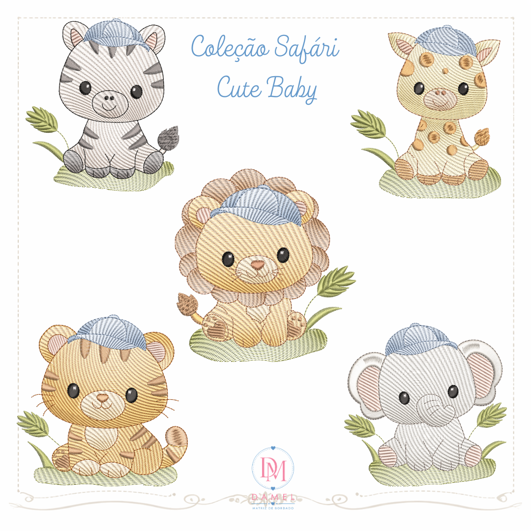cleção de matrz de bordado safári cute baby menino composta por cinco animais sentado de boné azul em pontos leves fraldinha