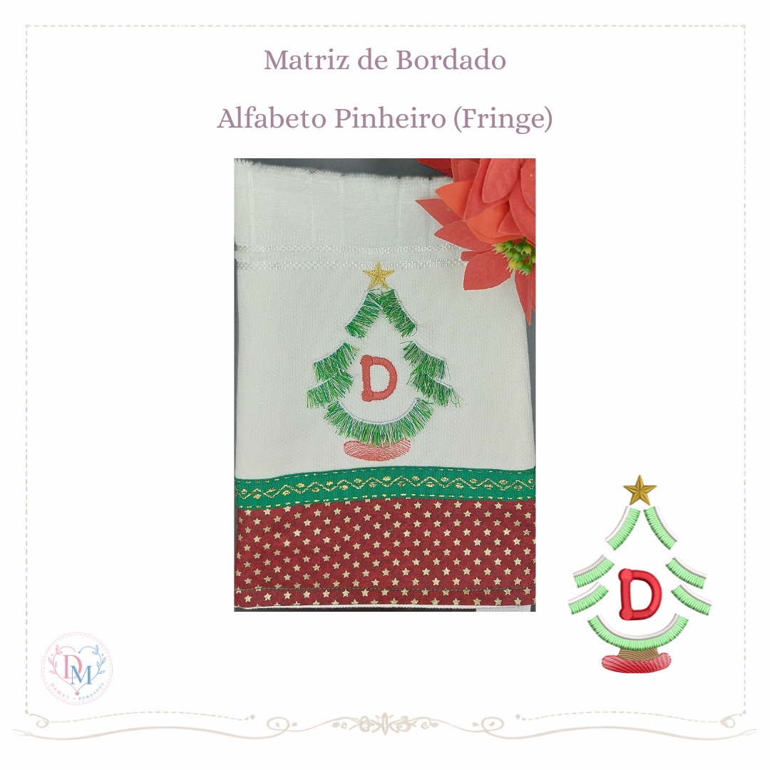 matriz de bordado alfabeto pinheiro na técnica fringe bordada em pano de prato tema natal pano de copa toalhas