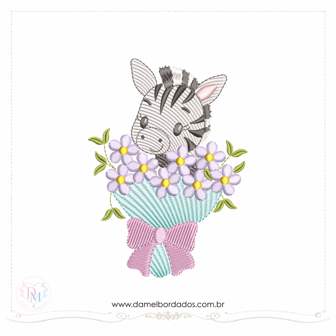 matriz de bordado safári bouquet com uma zebra dentro do bouquet com flores em tons suaves em pontos leves
