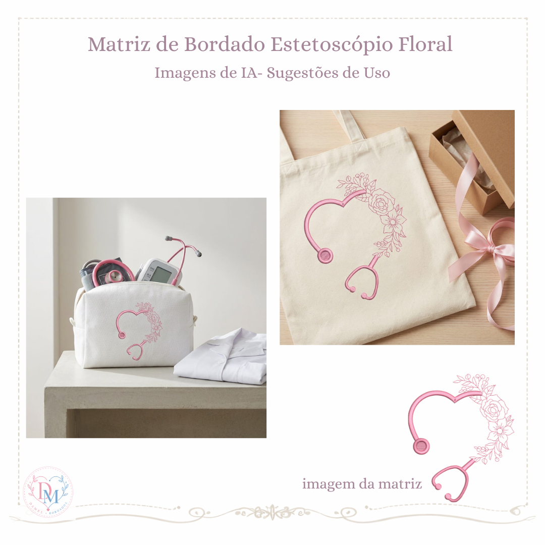 matriz de bordado de um estetoscópio em formato de coração sendo divídido ao meio por flores em ponto redwork médina enfermag