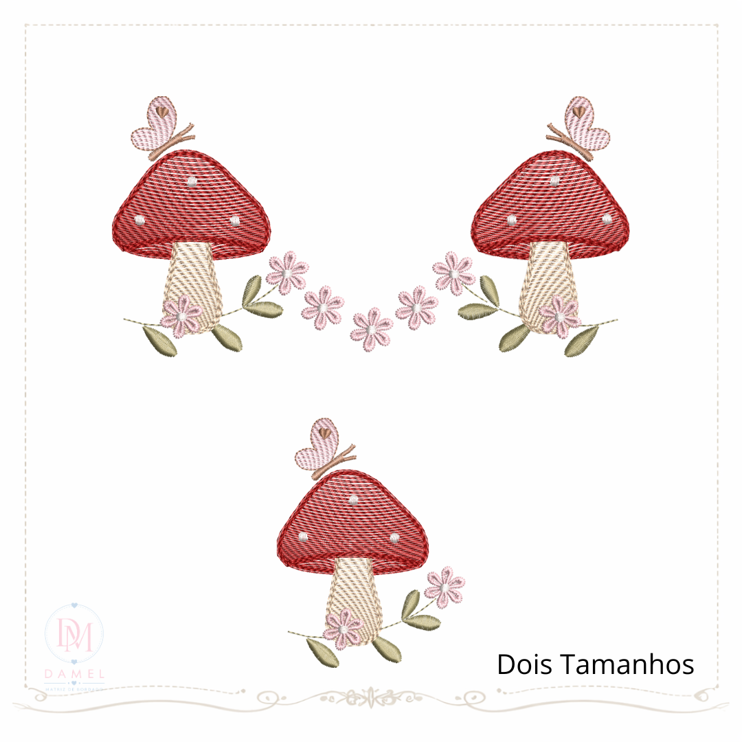 matriz de bordado de um cogumelo cute com pequenas borboletas ao redor em pontos leves ideal para fraldinha