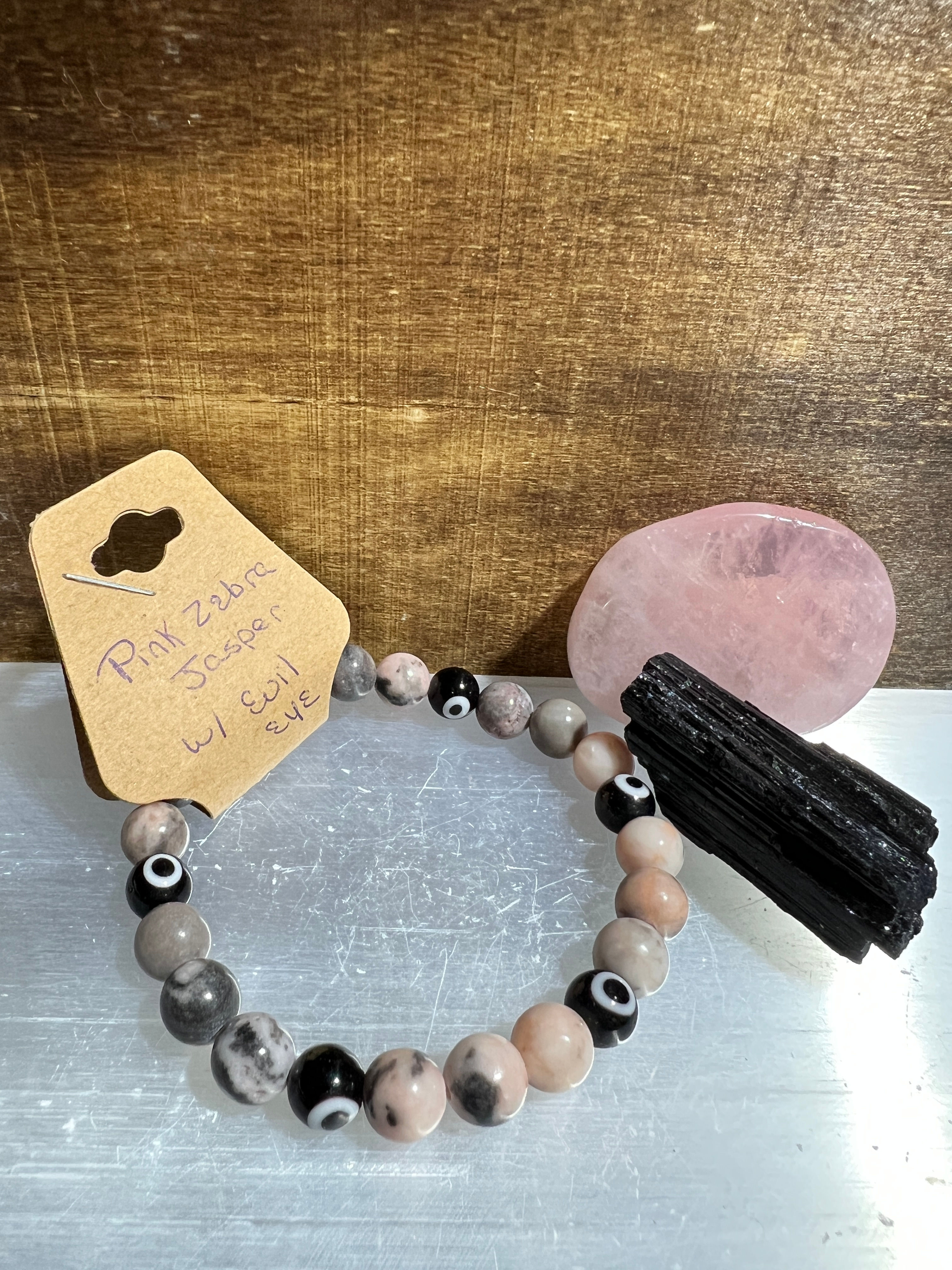 Pink Zebra Jasper with Evil Eye