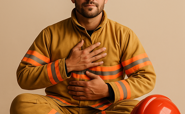 Firefighter in full CFA uniform practising mindful breathing, seated with one hand on chest and one on belly, eyes closed — demonstrating grounding, self-regulation, and stress relief through breath awareness.