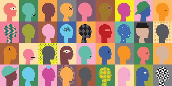 Vector illustration of diverse, colourful silhouettes of people’s faces in a cartoon style, symbolising neurodiversity, individuality, and inclusive understanding. Featured on the Autism Assessments page at The Grove Psychology Practice, offering affirming autism assessments for children, teens, and adults.
