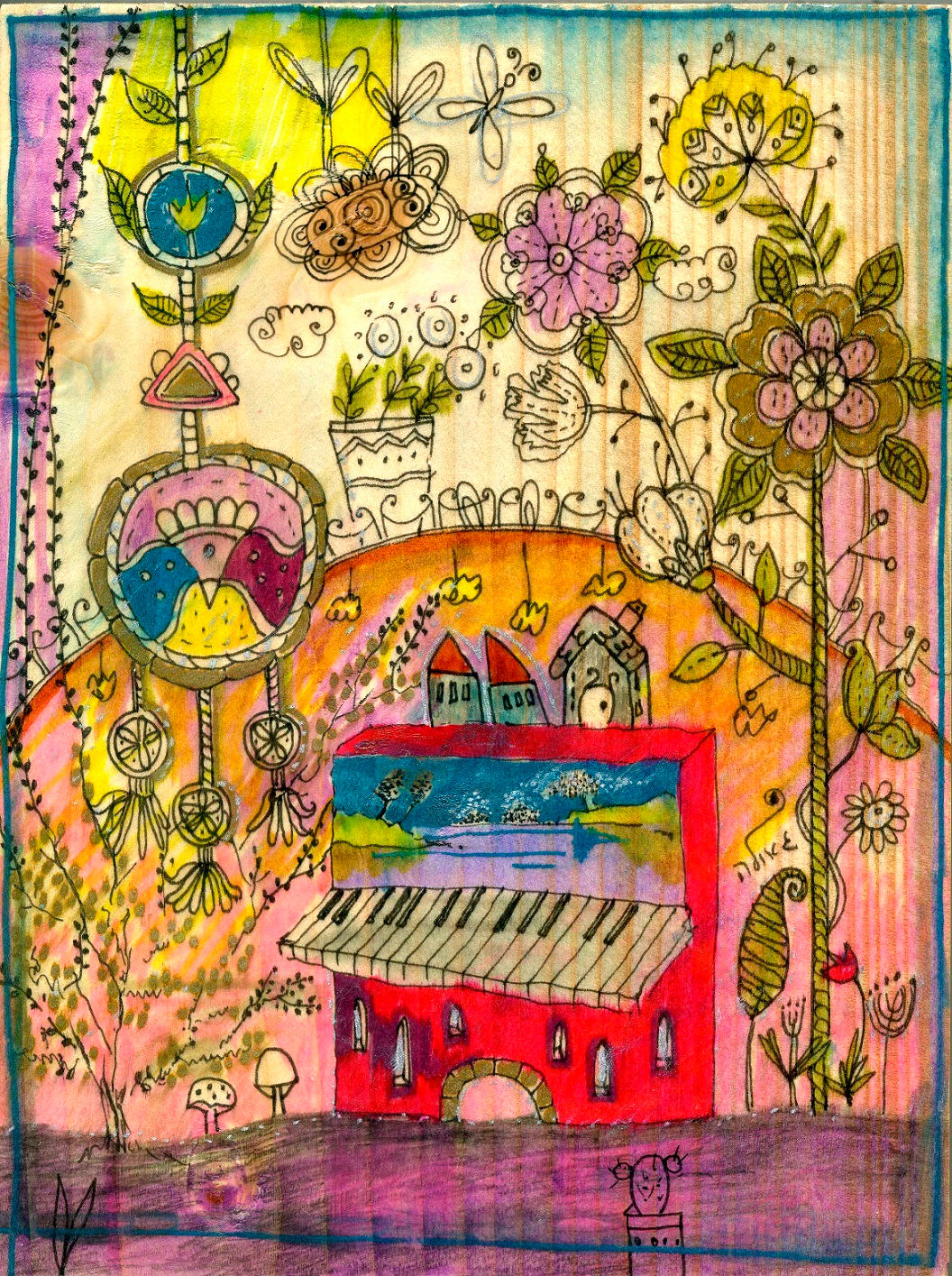 Print - The Red Piano - painting on wood