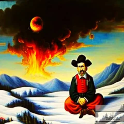 Man in traditional attire sits on snowy landscape, fiery sky and dark sun above. Mountains in background create a dramatic scene.