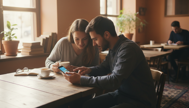 Eye-level view of two friends looking at one phone in a quiet cafe