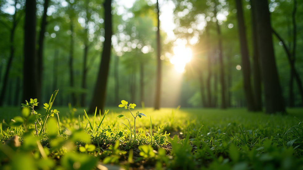 Eye-level view of a lush green forest with sunlight filtering through the trees