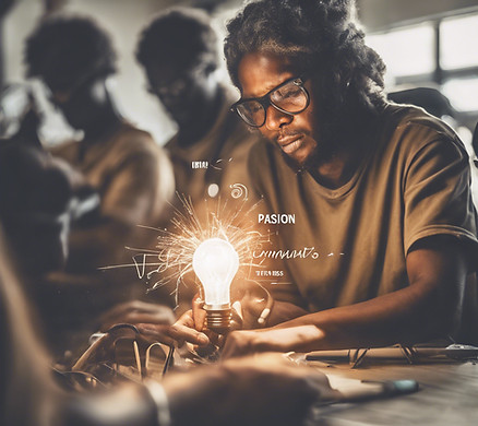 An inspirational quote over an image of a person working with the community, like _Passion