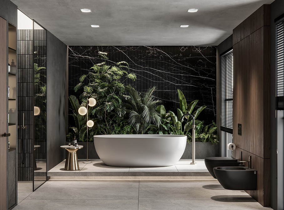 modern luxurious elegant bathroom design with lush plants