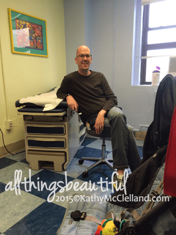 One of my favorite photos. In the middle of a very long doctor appointment, the doctor left and room and my husband sat down in his chair. He said, "I'm going to sit here. I feel more in control." Obviously we weren't.