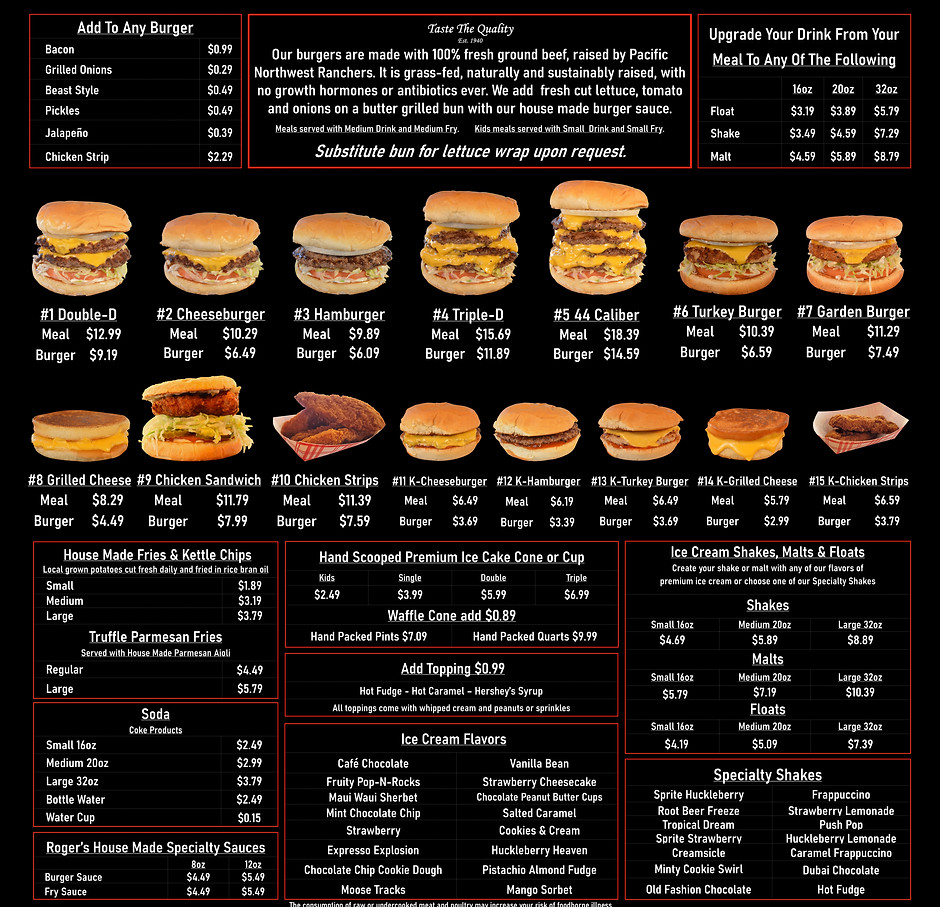 Roger's Burgers Drive Thru Menu Board, 2026, 48w x 48h.jpg