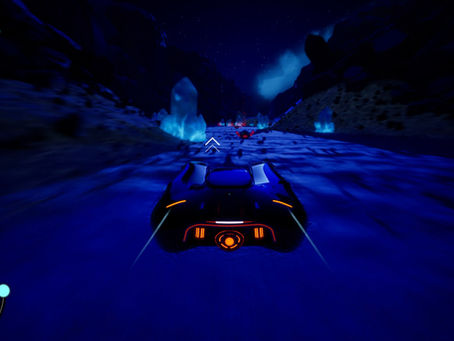 Anti-grav vehicle driving in a ravine at night.