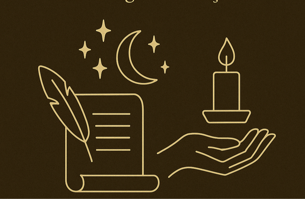Ilustração esotérica minimalista com pergaminho, pena, lua crescente, estrelas e uma vela sobre uma mão, simbolizando escrita mágica e rituais espirituais.