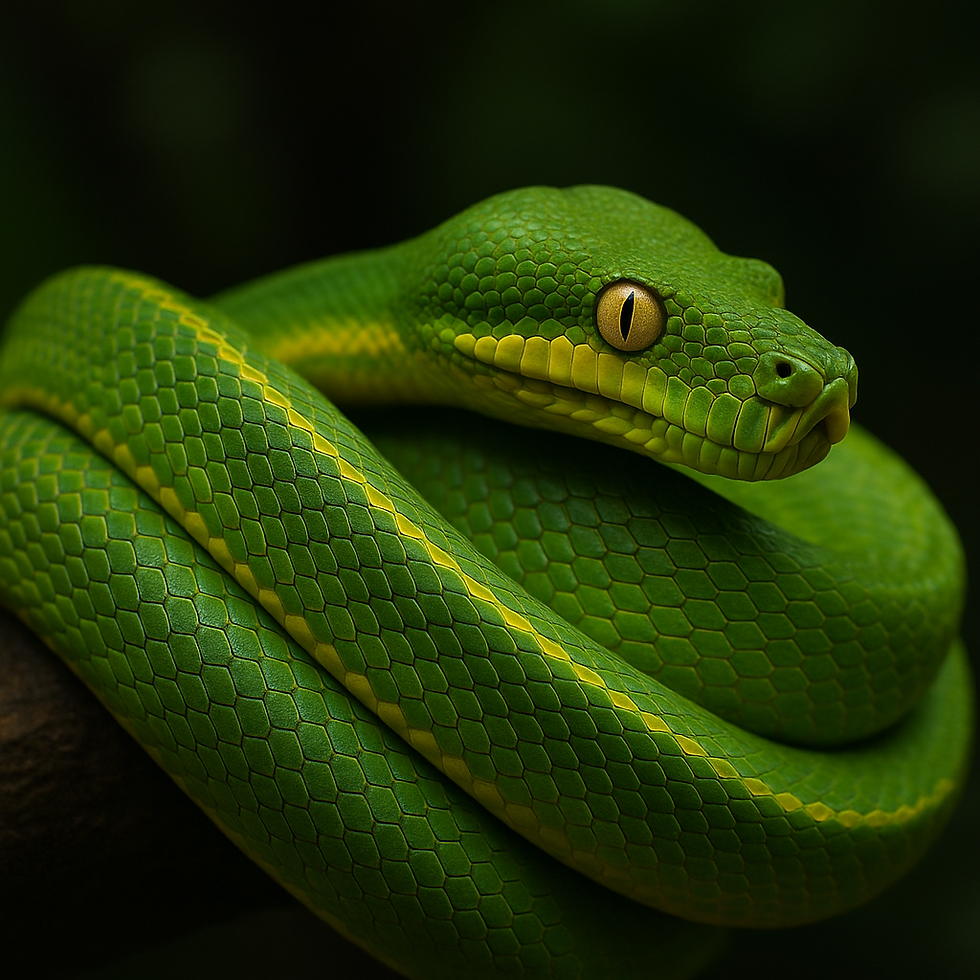 Cobra verde com detalhes amarelos em cenário escuro, simbolizando mistério, transformação e significados espirituais dos sonhos